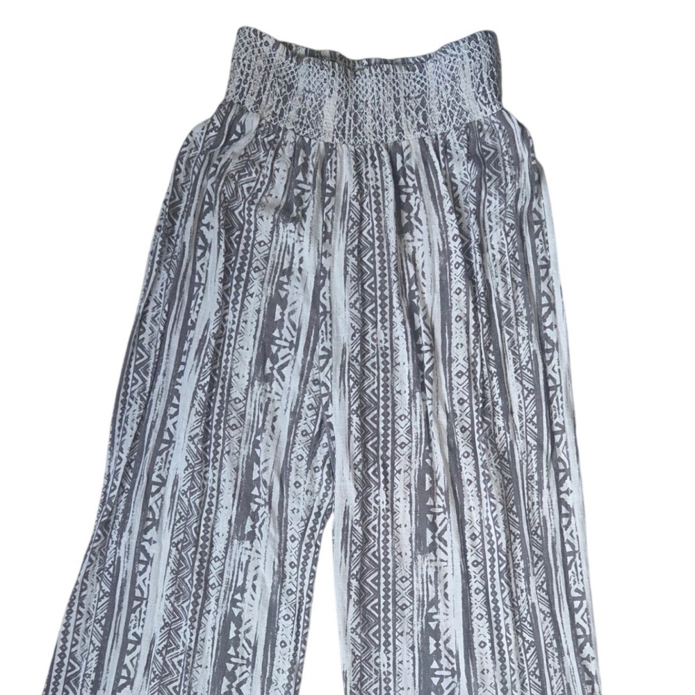 Tribal Print Linen Blend Wide Leg Smocked Waist Palazzo Pants Boho Grey Large - Picture 4 of 9
